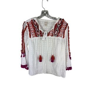 NEW CHICO'S Sz 1 US M  Embroidered Bell Sleeve Tassel Western Blouse White Boho
